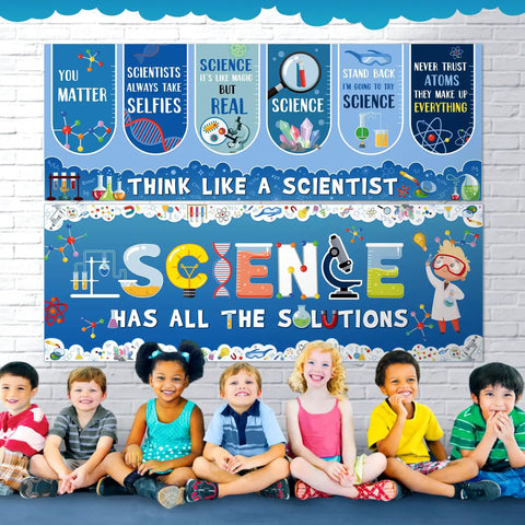 Science Classroom Decor Duo With Scientist Posters Banner Set For Bulletin Boards And Wall Displays For Teachers Lab Cutouts And Party Prep In Schools Or Offices 13.8 By 38.6 Inches displayed on a wall with children seated beneath.