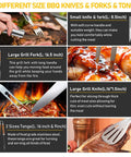 Close-up of 34Pcs Grill Accessories Set for Grilling Enthusiasts with knives, forks, and tongs in use on BBQ meats.