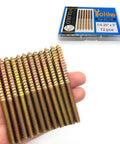 Hand holding 12 Pack 1/4 20 X 3 Inch Hanger Bolts For Furniture, Double Ended Wood Dowel Screws, Self Tapping Hanger Bolt Set