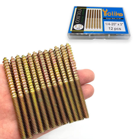Hand holding 12 Pack 1/4 20 X 3 Inch Hanger Bolts For Furniture, Double Ended Wood Dowel Screws, Self Tapping Hanger Bolt Set