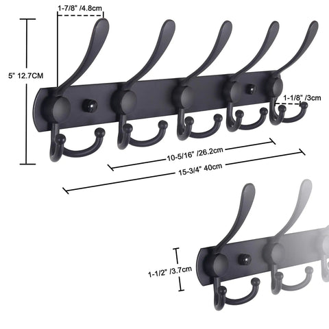 Wall Mount Coat Rack With Five Tri Hooks Tough As Nails Built To Last Heavy Duty Stainless Steel Rail, black finish, dimensions shown