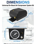 Heavy Duty 12V In Cab Air Compressor Kit For Air Bag Suspension With On Off Switch One Quarter Inch Air Line Delivers Quick Inflation Up To 120 PSI Universal Fit For Ford Chevy Silverado GMC Sierra Ram Trucks showing compressor dimensions and control panel with inflate and deflate switches.