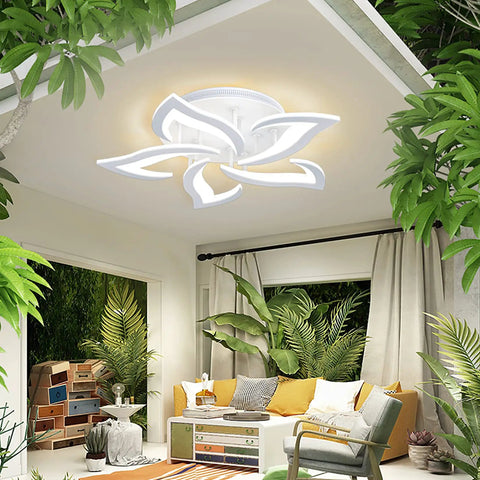 Dimmable Modern Petal LED Ceiling Light Chandelier With Five Head Design And Embedded LEDs in a cozy living room setting