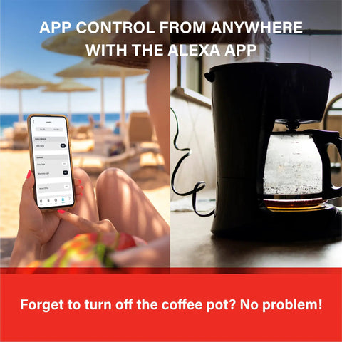 Smart Outlet Switches 4 Pack With Auto Pairing And Energy Monitoring For Alexa And Smart Home Systems Plug And Play Setup shown controlling a coffee pot remotely via a smartphone app at the beach.