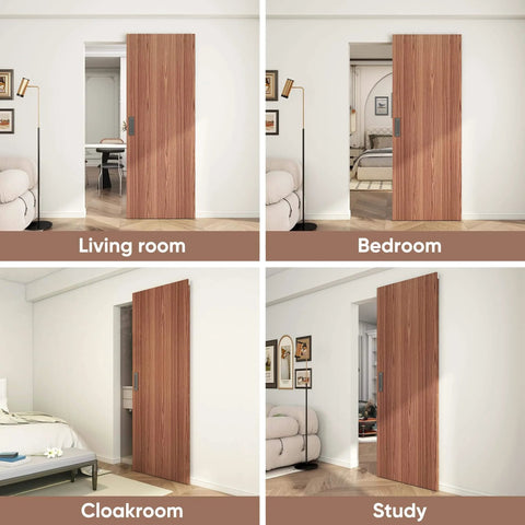 Concealed Sliding Barn Door With Soft Close Hardware Kit Brown Hidden Door For Interior Use Sleek Modern Look Installed in Home