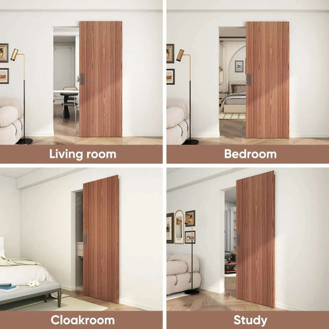 Concealed Sliding Barn Door Kit With Soft Close Hardware, 40x86 Inches, installed in various interior spaces.