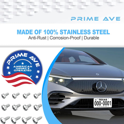Stainless Steel License Plate Screws Set For Front And Rear Mounting, Rust Proof License Plate Hardware, Mercedes Benz Compatible, 12 Pack, Precision Threads For A Tight All Weather Grip with a close-up of a Mercedes with a license plate