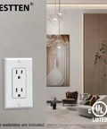 20 Pack Decorator Duplex Outlet, 15 Amp, 125 Volt, Non Tamper Resistant, White Wall Plate Included, UL Listed in modern room.