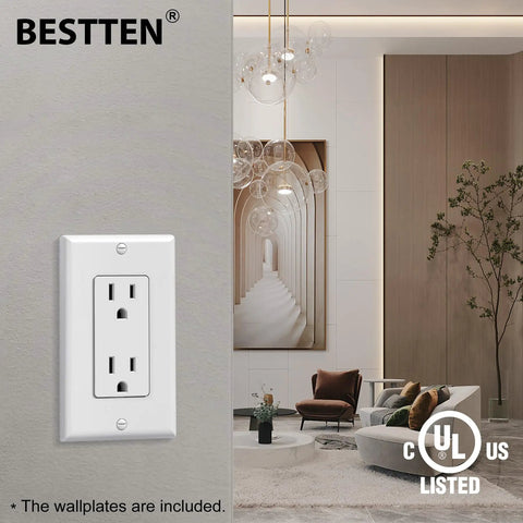 20 Pack Decorator Duplex Outlet, 15 Amp, 125 Volt, Non Tamper Resistant, White Wall Plate Included, UL Listed in modern room.