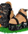 Spring Loaded Double Layer Lawn Aerator Shoes for Yard and Garden, black design, adjustable fit, shown with sandals over boot.