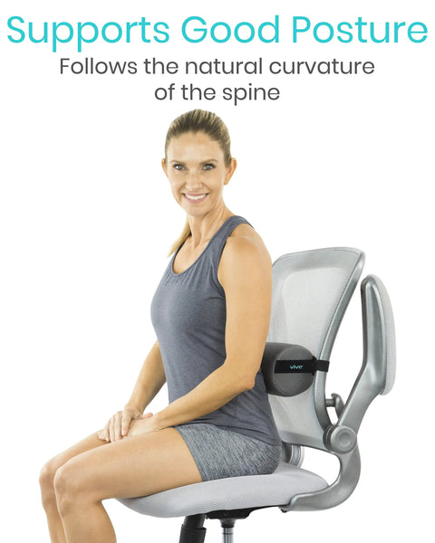 Get Your Back Swayin Cool With This Epic Firm Lumbar Roll Pillow For Pain Relief, gray mesh lumbar pillow supporting good posture on office chair.