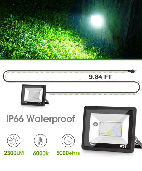 Dusk To Dawn Outdoor Flood Light 50W No Fuss Auto On Off 6000K Daylight IP66 Waterproof 2300 Lumens Plug In Security Light