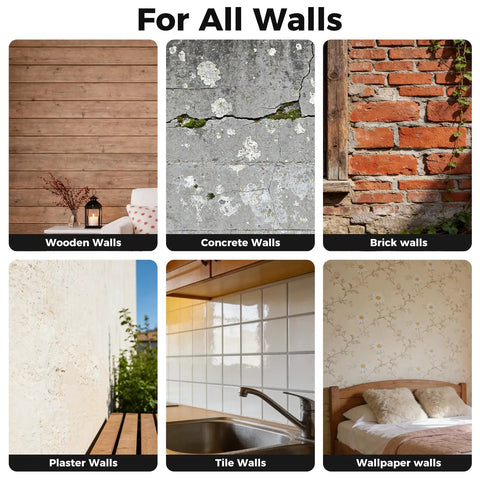 Image showing wooden, concrete, brick, plaster, tile, and wallpaper walls labeled for cable clip suitability.