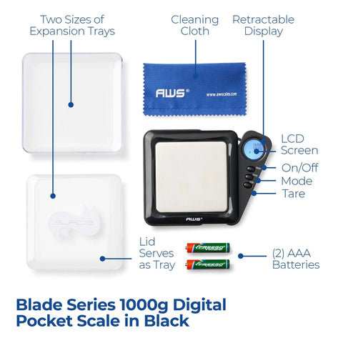 Blade Series Pocket Gram Scale 1000g x 0.1g With Precision 0.1g Accuracy, digital scale with expansion trays and accessories