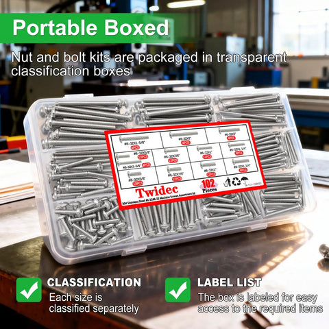 102 Piece Stainless Steel Screw Kit For Electrical Mounting DIY Friendly 6-32 And 8-32 Phillips Pan Head Screws in labeled box