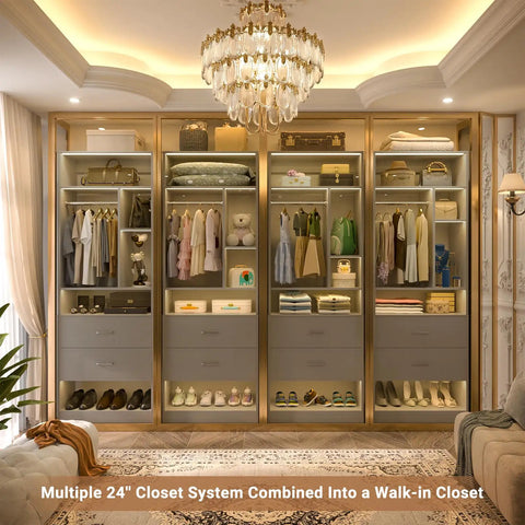 Freestanding 8Ft Closet System With Smooth Rolling Casters And Four Roomy Wood Drawers Straight Up Game Changer For Mess Free Walk In Spaces Quick Assembly Setup with clothing and drawers.