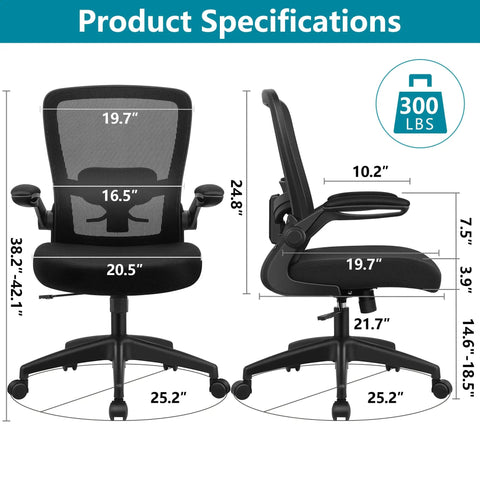 All Day Comfort Ergonomic Office Chair With Breathable Mesh, Adjustable High Back, Flip Up Armrests, Black, Product Specifications