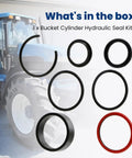 Heavy Duty Bucket Cylinder Hydraulic Seal Kit For Front End Loaders And 48 Inch Manure Fork Buckets Fits 7108 1320 1520 1720 1920 And 7308 Farm Loader Case IH L130 Replacement 9600671 9616371 showing seals and tractor