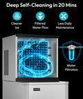Pro-Level Commercial Icemaker Drops Heavy Cubes Quick With A Slick SECOP Motor And Zero Hassle Storage Bin showing self-clean feature.