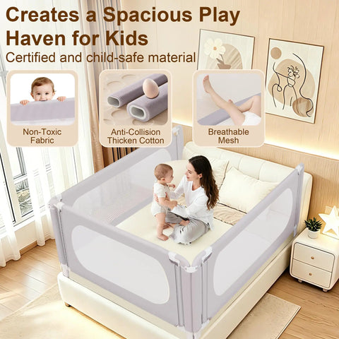 Height Adjustable Toddler Bed Rail With Thick Reinforced Guard One Hand Swing Down Safety Bed Rail For King Size Bed 74.8 Inch Easy Nighttime Access And Secure Sleep For Kids showing non-toxic fabric, anti-collision cotton, and breathable mesh