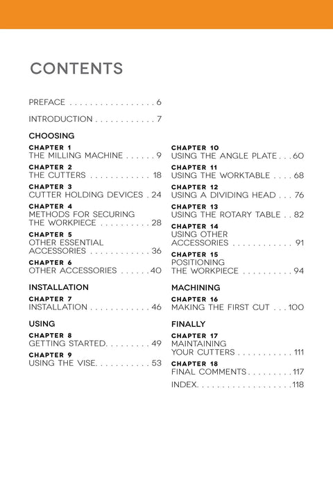 Book contents page for The Milling Machine for Home Machinists with chapter list and page numbers