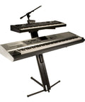 APEX AX-48 Pro Plus Keyboard Stand With Boom Attachment Ulti-Boom And Pro Tote for stage or studio, two keyboards mounted.