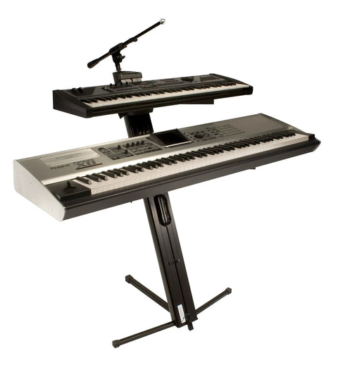 APEX AX-48 Pro Plus Keyboard Stand With Boom Attachment Ulti-Boom And Pro Tote for stage or studio, two keyboards mounted.