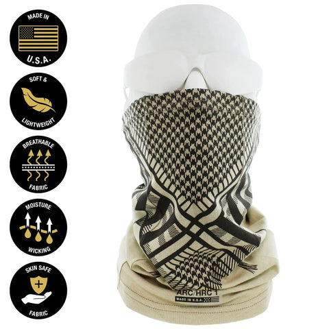 Flame Resistant Face Mask Neck Gaiter CAT1 Beige Shemagh Style FR Arc Rated For Linemen shown with design and fabric features