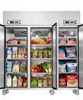Plug And Play Commercial Refrigerator Freezer Combo 72 Inch Upright Fridge And Freezer With Smart WiFi App Control Stainless Steel Dual Zone Cooler loaded with fresh fruits, vegetables, and frozen foods.