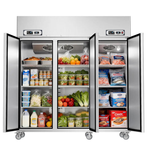 Plug And Play Commercial Refrigerator Freezer Combo 72 Inch Upright Fridge And Freezer With Smart WiFi App Control Stainless Steel Dual Zone Cooler loaded with fresh fruits, vegetables, and frozen foods.