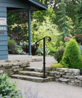 Rock Solid Outdoor Single Post Handrail Wrought Iron Step Railing Black Finish For One Or Two Porch Steps built tough, installed at garden steps.