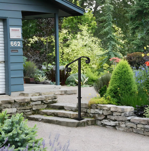 Rock Solid Outdoor Single Post Handrail Wrought Iron Step Railing Black Finish For One Or Two Porch Steps built tough, installed at garden steps.
