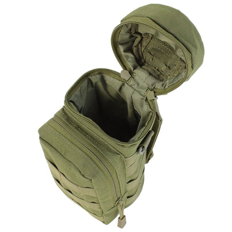 Open view of H2O Bottle Pouch With Padded Main Compartment And Front Pocket, Measures 10 Inches High By 4 Inches Diameter, Webbing For Attachments, Bottle Not Included, Durable Black Gear Carrier For Everyday Carry.