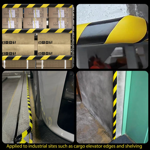 Hella Durable Foam Wall Corner Guards 197 Inches Yellow Black Stripes protecting walls and cargo areas in industrial settings.