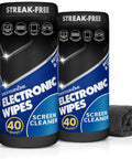 Electronic screen cleaner wipes, 2-pack, front view; black bottles with blue labels and microfiber cloth