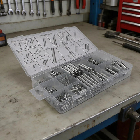 Noteflora 200 Piece Compression And Extension Springs Assortment Kit With Labeled Storage Box For Auto Repair, Machinery Fixin', Home Maintenance Projects And General Toolbox Needs To Get The Job Done Right. open labeled plastic box with assorted metal springs on workbench