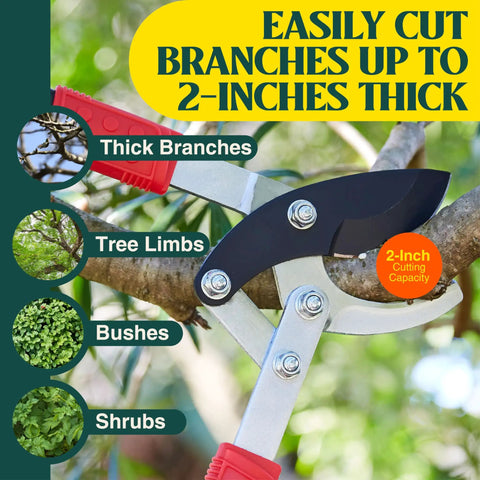 PowerPRO 29 Inch Compound Action Bypass Loppers For Beefed Up Tree Trimming And Pruning High Carbon Japanese Steel Blades Cut Branches Up To 2 Inches Durable Garden Loppers For Pruning Vines And Shrubs cutting through a branch.