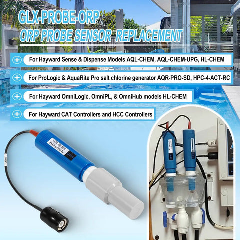 ORP Probe Replacement Sensor for Hayward systems, blue and white probe with cord, shown against a pool background.