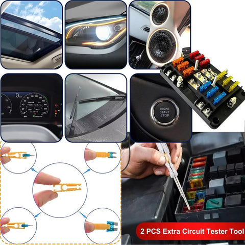 Must Have 120Pcs Fuse Assortment Kit With Standard Blade Fuses Colorful Automotive Fuses For Cars Trucks And SUVs Easy Replacement And Quick Diagnostics At Home Or On The Road, shown with various vehicle applications and circuit tester tool