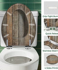 Toilet Seat Elongated Resin for Bathroom with wooden texture design, featuring grip-tight bumpers and stainless steel hinges.