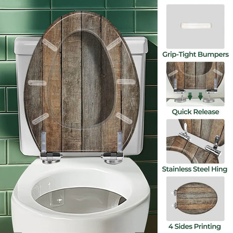 Toilet Seat Elongated Resin for Bathroom with wooden texture design, featuring grip-tight bumpers and stainless steel hinges.