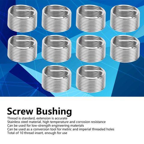 10Pcs M18x1.5 Thread Inserts Coil Type Screw Bushing Expansion Tool Heavy Duty Stainless Steel For Repairing Stripped Threads Or Creating New Internal Threads In Metal Workpieces displayed on blue background.