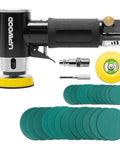 Mini Orbital Air Sander Kit For Two Inch And Three Inch Sanding with discs and attachments, black and yellow tool