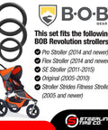 Three Pack Jogging Stroller Tire Replacement Set With Two 16x1.75 Rear Tires And One 12.5x2.25 Front Tire BPA Latex Free Butyl Rubber shown with BOB stroller compatibility list