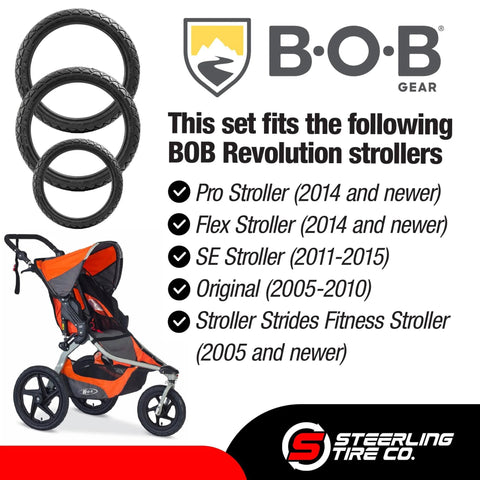 Three Pack Jogging Stroller Tire Replacement Set With Two 16x1.75 Rear Tires And One 12.5x2.25 Front Tire BPA Latex Free Butyl Rubber shown with BOB stroller compatibility list