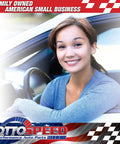 Smiling woman sitting in a car representing OttoSpeed performance auto parts, family-owned American small business background.