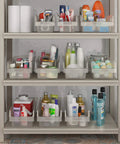 Clear Plastic Nesting Storage Bins Case Of 6 Durable Industrial Grade Pantry Organizer on bathroom shelf, storing toiletries