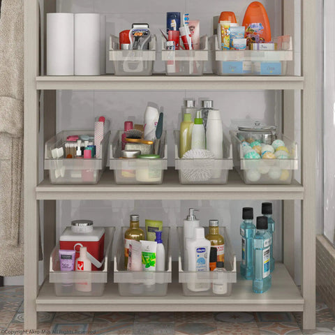 Clear Plastic Nesting Storage Bins Case Of 6 Durable Industrial Grade Pantry Organizer on bathroom shelf, storing toiletries