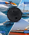 Round Boat Hatch With Detachable Cover, black, shown with motor boat, fishing boat, yacht, and pontoon boat illustrations.