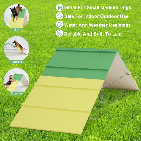 Dog Agility A-Frame Ramp for Backyard Training Non Slip Outdoor Agility Equipment 74.8 by 18.9 Inch with dogs exercising